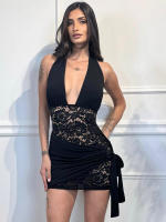 Vestido corto ajustado sin mangas con espalda descubierta, encaje y lazo en la cuello para mujer D25DS148 - details 9