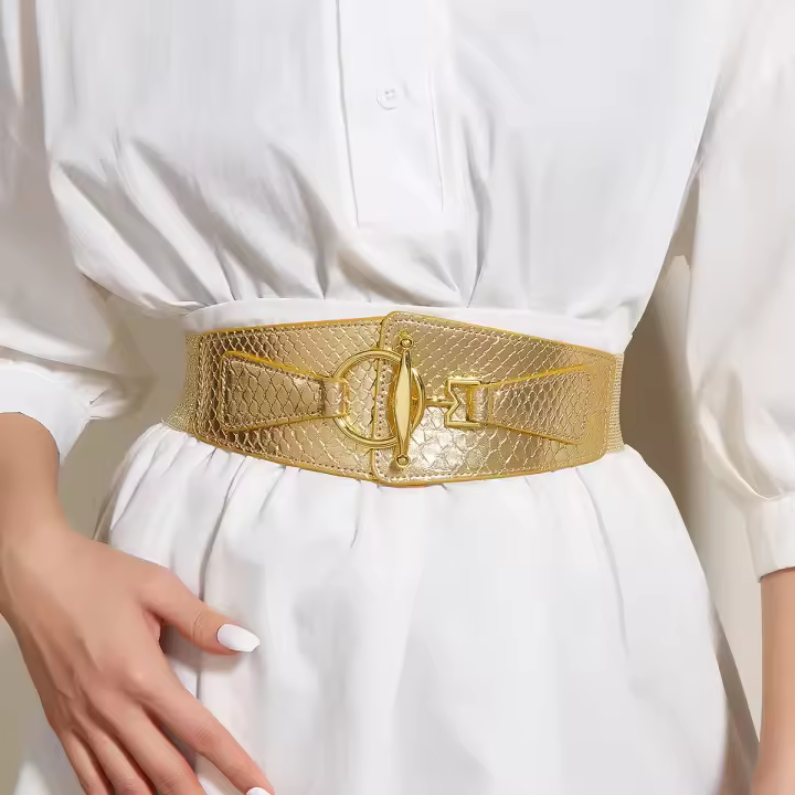 Cinturones elásticos de Metal para vestidos, cinturones de Color dorado y plateado para mujer, hebilla redonda delgada, nuevos - 1