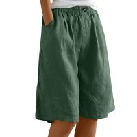 Pantalones Cortos de Lino y Algodón para Mujer Color Sólido, Cintura Suelta, Bolsillo, Botón, Moda Casual - details 8