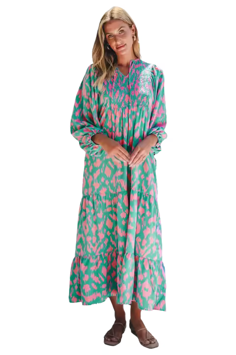 Vestido Maxi de Manga Abullonada con Estampado Abstracto Boho Cuello en Escobión, Ajuste en Capas, Talla S-XL - 1