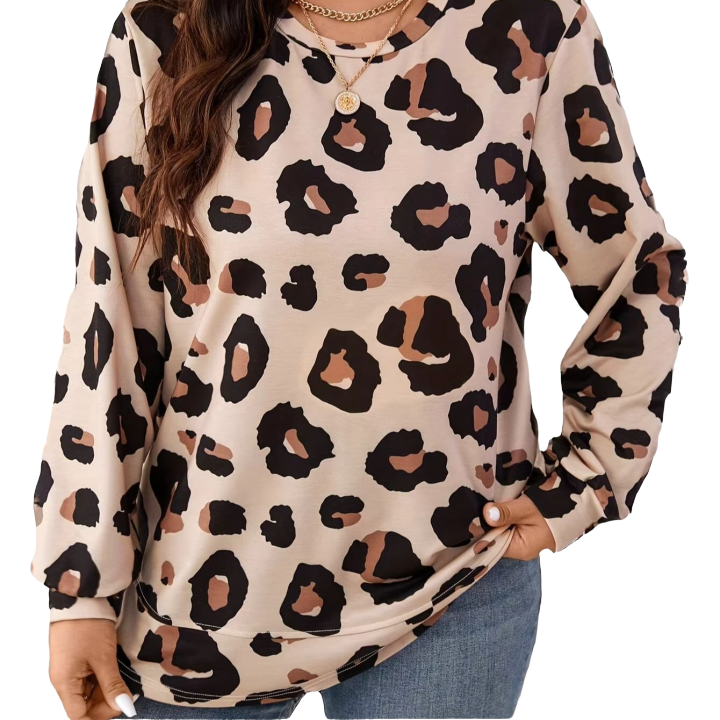 Plus Size Women's Trendy Leopard Print Long Sleeve Top for Bold Fashion