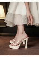 Transparente tacones altos impermeable mesa de una palabra cristal zapatillas frescas tacón grueso hermoso desgaste exterior verano super tacón alto - details 18