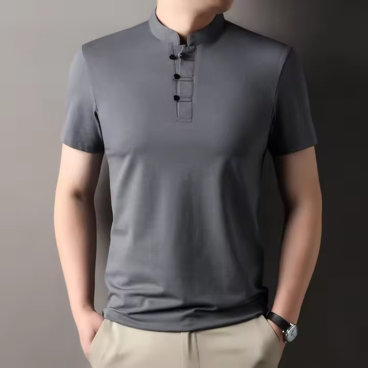 Nuevo Top de seda de hielo resistente a las arrugas con protector solar de manga corta y cuello levantado con hebilla para hombre de estilo chino - 1