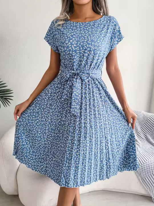 Vestido largo plisado de manga corta para mujer, vestido elegante de cintura alta con estampado Floral, corte en A, primavera y verano - 1