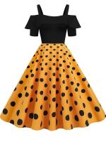 Vestido de fiesta Vintage elegante con hombros descubiertos, vestidos Midi de verano con lunares y volantes para mujer - details 5