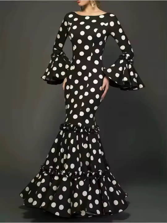 Maxi vestido de noche con estampado de lunares para mujer, manga acampanada, volantes, elegante vestido de trompeta, cuello redondo, temperamento - 1