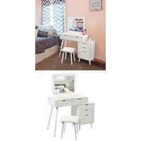 Tocador de Maquillaje con Taburete y Espejo, Tocadores Brillante, Mesa de Maquillaje con 2 Cajones y 4 Estantes, 108x40x142cm, Blanco MB6044ws - details 12