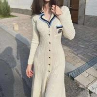 Vestido de punto ajustado elegante para mujer, vestidos Vintage de diseñador de manga larga con letras y una botonadura, suéter de invierno 2024 - details 1