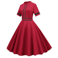 Solid women summer elegant short sleeve stand collar vintage a-line midi long party dress - details 11