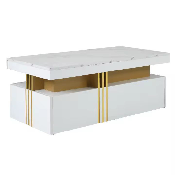 Mesa de centro Rectangular de alto brillo con tapa de mármol y cajones dobles de madera para sala de estar, 100x50x40 cm - 1