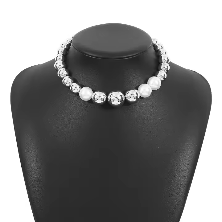 Collar de cuentas de contraste punk exagerado de joyería, gargantilla de collar de perlas cortas de moda. - 1