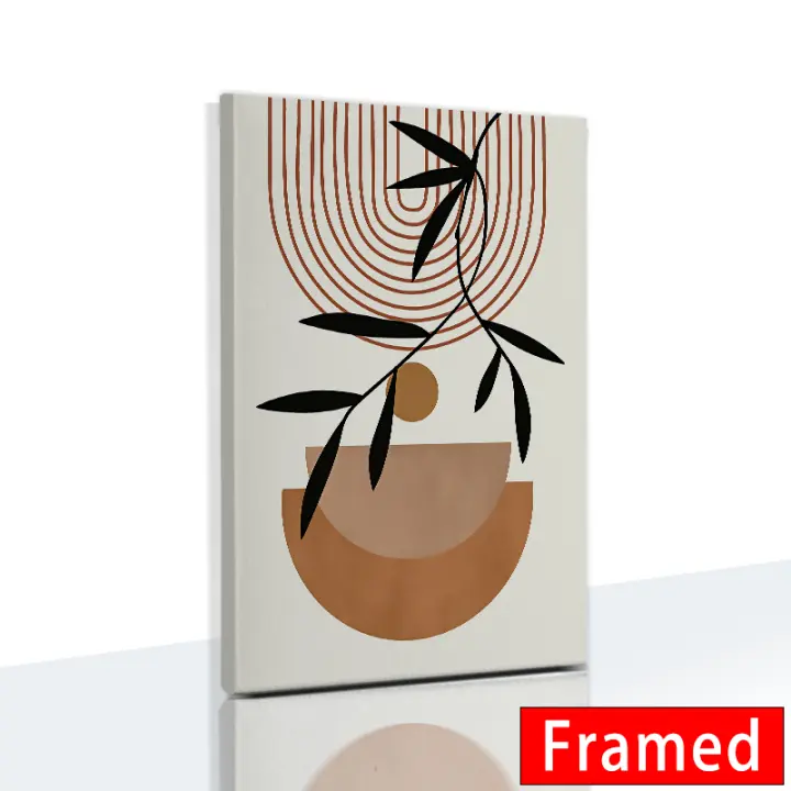 Póster Moderno Abstracto Boho con Marco de DHROOM Pintura en Lienzo de Hojas de Plantas y Línea del Sol para Decoración de Sala de Estar - 1