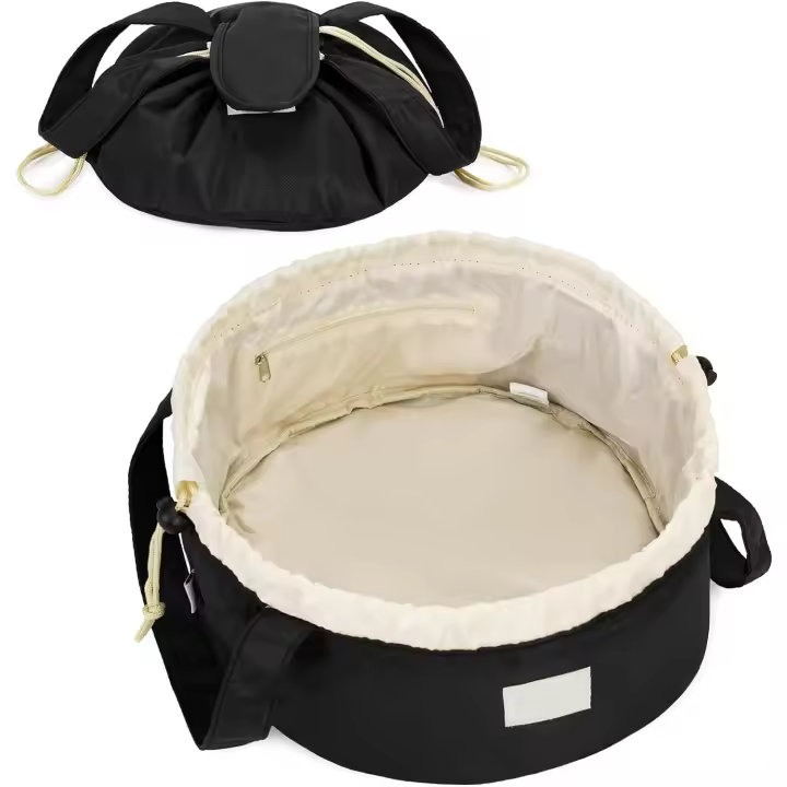 Bolsa de maquillaje con cordón para mujer, neceser grande con cordón, organizador de artículos de tocador, azul gris, charol pendiente - 1