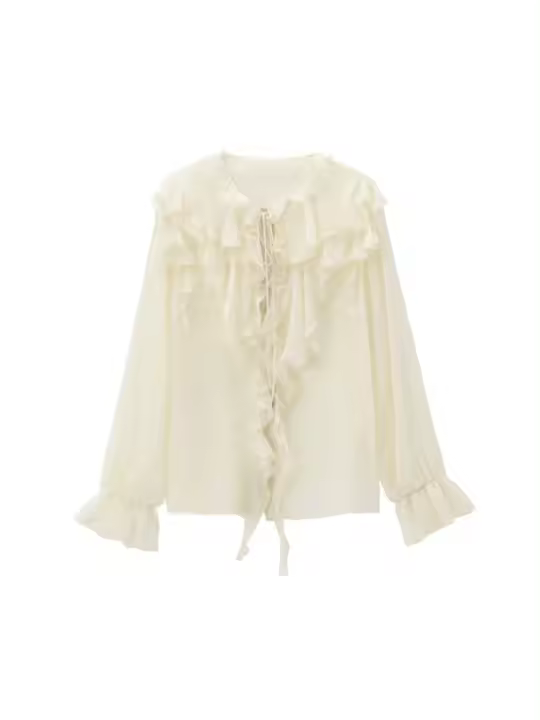 Camisa De Manga Larga Para Mujer Blanco Volante Translúcido Cuello Redondo Con Cordón Casual Otoño Mezcla De Poliéster - 1