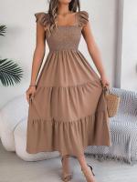Escote cuadrado de verano con mangas anchas y pliegues, vestido informal de algodón transpirable para playa o uso diario, estilo bohemio - details 21
