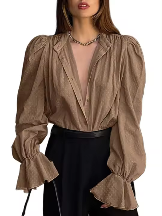 Top suelto de color sólido con mangas mullidas para mujer, camisa elegante, cuello alto - 1