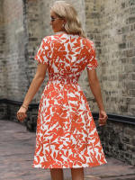 Vestido de cintura acampanada con estampado de hojas y cuello en V de manga corta para la nueva primavera verano 2025. - details 2