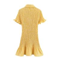 BUNO-moda para mujer, Mini vestido plisado a cuadros con una botonadura, Vintage, cuello de solapa, manga corta, vestidos elegantes para mujer - details 2