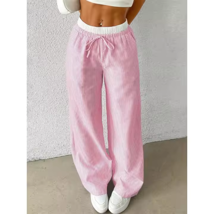 Pantalones de pierna ancha tejidos a rayas informales para mujer Otoño Invierno 2024 pantalones informales elegantes de longitud completa ropa Y2K ropa de calle - 1
