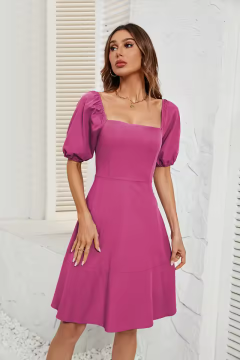 NOVEDAD DE VERANO 2025, vestido de manga de burbuja con cuello cuadrado de Color sólido para mujer - 1