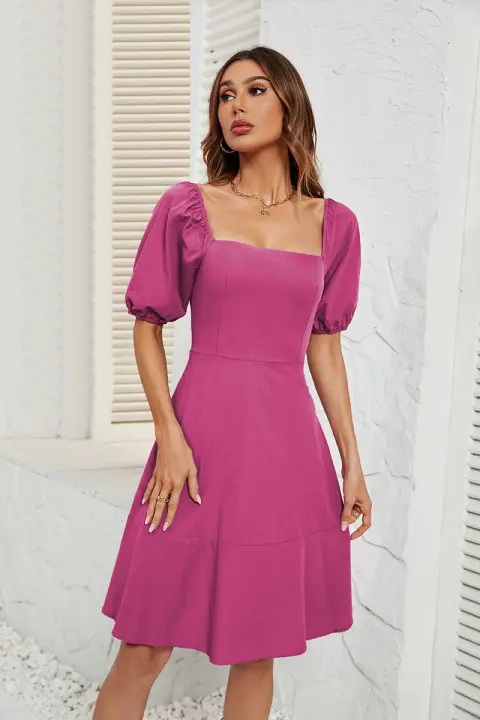 NOVEDAD DE VERANO 2025, vestido de manga de burbuja con cuello cuadrado de Color sólido para mujer - 1
