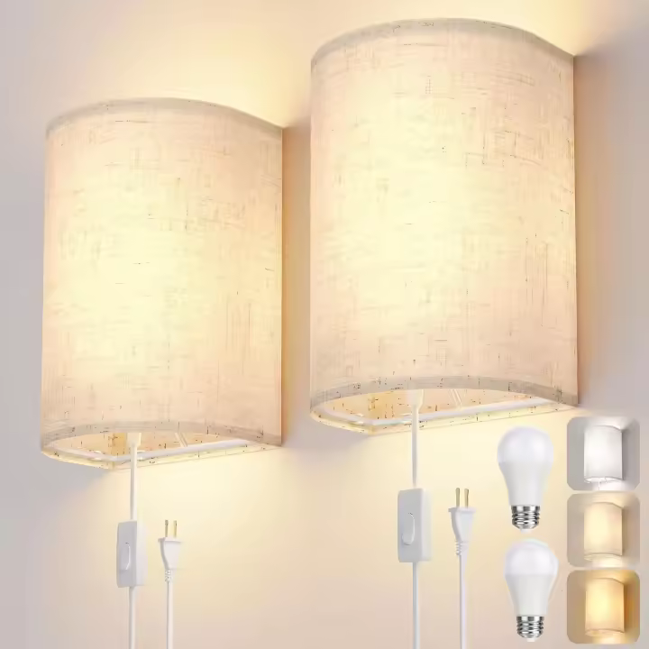 Apliques de pared enchufables Juego de dos: lámpara de pared con interruptor de encendido/apagado 3000K 4500K 6000K Accesorios seleccionables Pantalla de lino de tela Decoración de pared Luces de pared para dormitorio Sala de estar Pasillo Interior - 1
