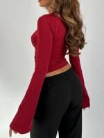 Tops de otoño para mujer, camisa corta con escote en V profundo y mangas de campaña, ropa de calle informal - details 6