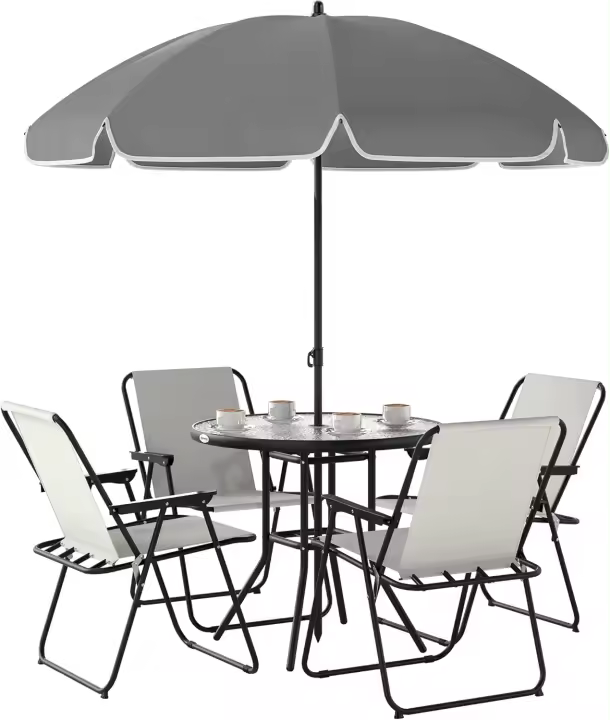 Conjunto de Mesa y Sillas de Jardín al Aire Libre de 6 Piezas Muebles de Jardín con 4 Sillas Plegables Mesa de Vidrio y Parasol para Patio Terraza Gris - 1