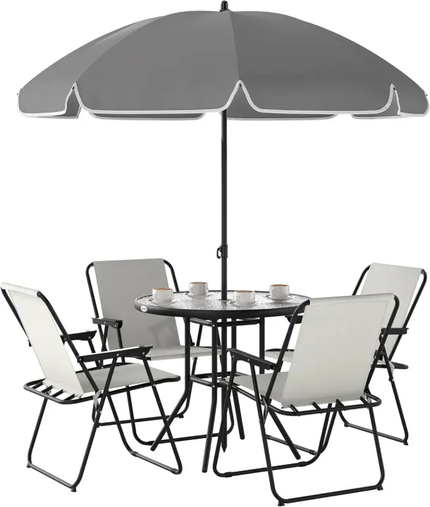 Conjunto de Mesa y Sillas de Jardín al Aire Libre de 6 Piezas Muebles de Jardín con 4 Sillas Plegables Mesa de Vidrio y Parasol para Patio Terraza Gris - 1