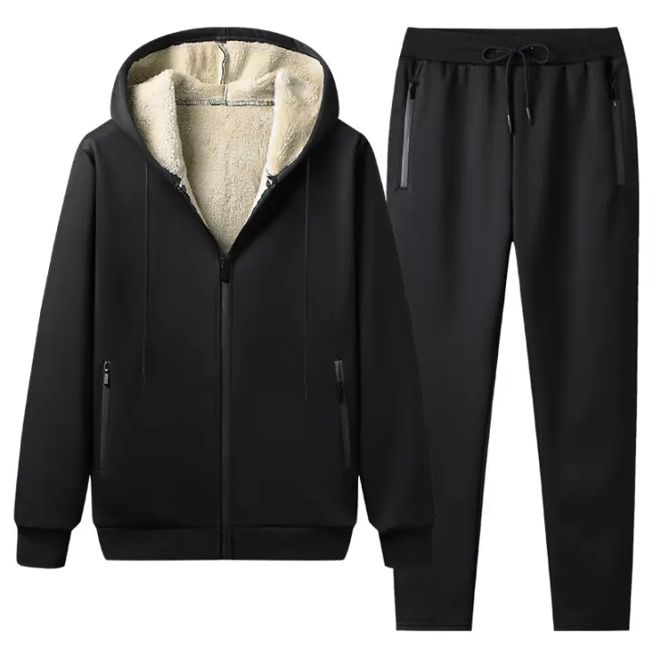 Conjunto de dos piezas de lana de cordero para hombre, sudaderas con capucha y pantalones de cintura elástica, trajes deportivos gruesos y cálidos, Otoño e Invierno - 1