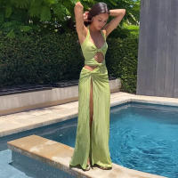 BUNO-Vestido largo liso con cuello Halter para Mujer, prenda elegante sin mangas con abertura lateral, ropa de calle para vacaciones - details 5