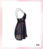 Camisón de encaje transparente negro con estampado de corazones Camisón con tirantes de malla en V profundo Ropa de dormir sexy - details 9