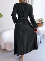 Vestido largo plisado con dobladillo grande para mujer, vestido cruzado de Color liso con cuello en V, moda de primavera y verano - details 11