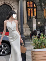 Vestido de noche de gama alta certificado blanco, regalo de cumpleaños elegante de verano para mujer de satén de acetato francés - details 6