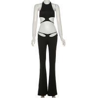 BUNO-Conjuntos de 2 piezas con tirantes huecos de gato extraño para mujer, Tops sexys lisos con cuello Halter y espalda descubierta + Pantalones acampanados con lentejuelas, trajes ajustados para fiesta - details 9