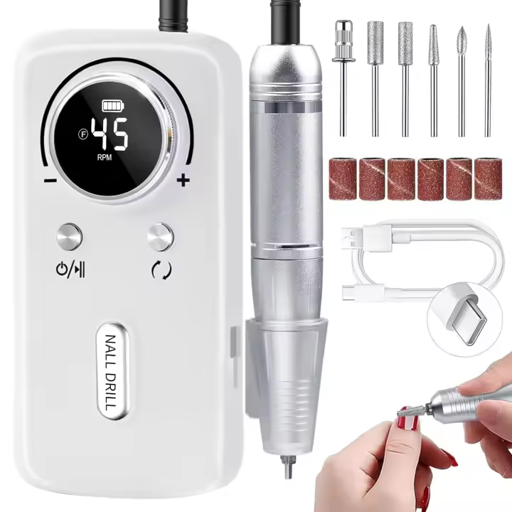 Taladro de uñas inalámbrico profesional, kit de lima de uñas eléctrica recargable de 45000 RPM, portátil y de bajo ruido para uñas acrílicas, de gel, manicura y pedicura - Uso en salón y en el hogar - 1