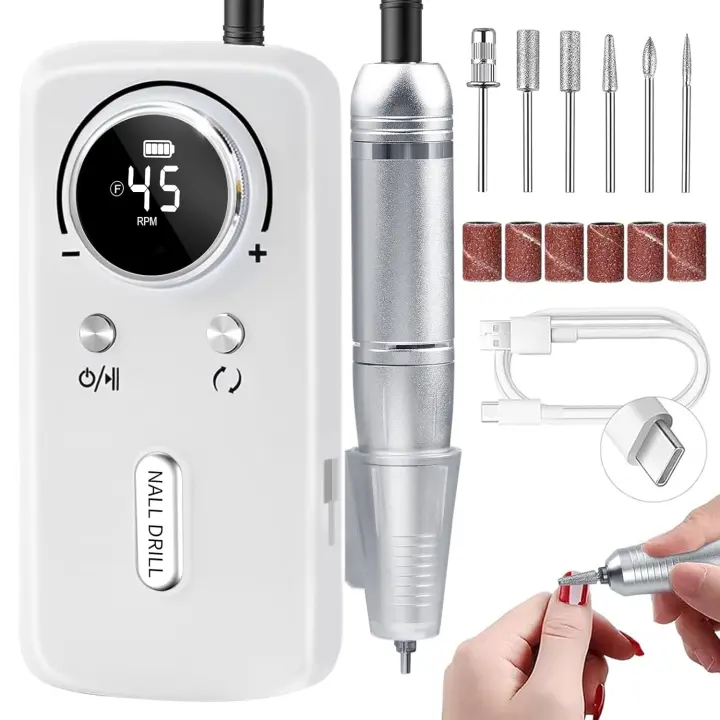 Taladro de uñas inalámbrico profesional, kit de lima de uñas eléctrica recargable de 45000 RPM, portátil y de bajo ruido para uñas acrílicas, de gel, manicura y pedicura - Uso en salón y en el hogar - 1