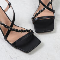 Sandalias de mujer de talla grande, color sólido, estilo trenzado, tacón alto con tiras y punta cuadrada - details 5