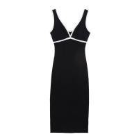 BUNO-verano elegante decoración de contraste moda mujer cuello en V sin mangas espalda descubierta Midi medias vestido de punto Mujer - details 0