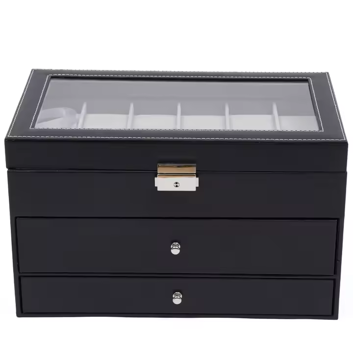 Caja de reloj con cerradura de 3 capas, caja de almacenamiento para joyería y gafas de sol, 25 ranuras + cerradura de Metal de 33,7x19,4x20,5 cm/13,26x7,63x8,07 pulgadas - 1