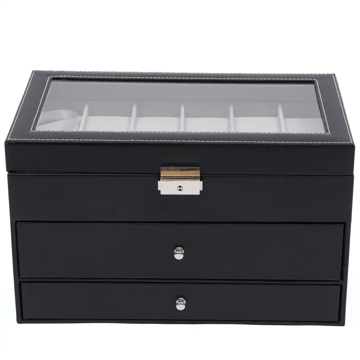 Caja de reloj con cerradura de 3 capas, caja de almacenamiento para joyería y gafas de sol, 25 ranuras + cerradura de Metal de 33,7x19,4x20,5 cm/13,26x7,63x8,07 pulgadas - 1