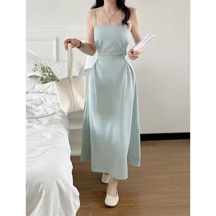Vestido con tirantes estilo Hepburn para vacaciones en la playa, falda larga de estilo francés, verano 2024 - 1