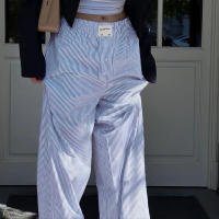 BUNO-Pantalones de encaje a rayas para mujer, Pantalones rectos de pierna ancha con cintura elástica y cordón, ropa de calle holgada para primavera y verano, pantalones de chándal informales - details 9