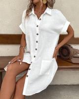 Minivestido Vintage liso para mujer, moda de verano con cuello en V, manga tres cuartos, vestido de lino y algodón, Vestidos informales para vacaciones - details 5