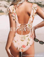 Traje de baño con cuello en V, traje de baño con cordones y borde con volantes - details 15