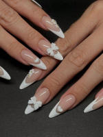 24pcs Uñas Postizas Cortas En Forma De Almendra Con Borde Redondo Y Perlas Blancas Diseño Francés Lindo Y Dulce Para Uso Diario - details 31