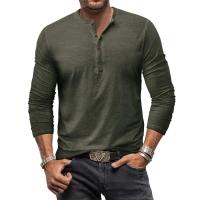 Camiseta de manga larga para hombre, Camisa de algodón con botones y cuello Henley, informal, de Color sólido, a la moda, transpirable, para uso diario - details 1