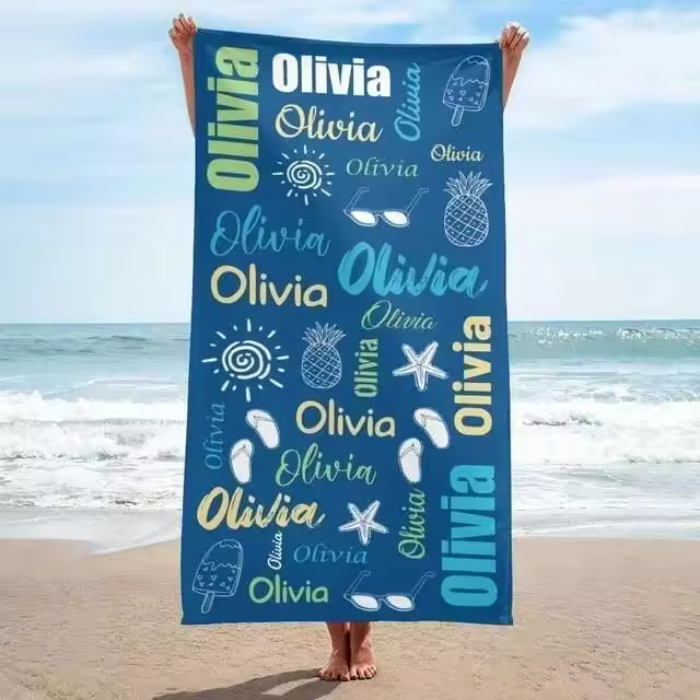 Toalla de playa personalizada para piscina, diseño de fuente multicolor, baño personalizado, con nombre exterior, cumpleaños - 1