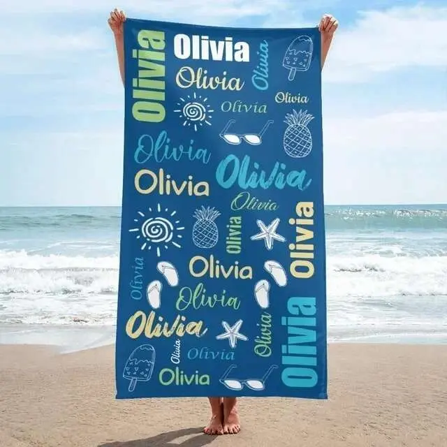 Toalla de playa personalizada para piscina, diseño de fuente multicolor, baño personalizado, con nombre exterior, cumpleaños - 1