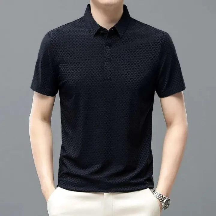 Polo de seda helada para hombre, camiseta de manga corta de malla transpirable de alta gama, ropa deportiva informal de color sólido de alta calidad - 1